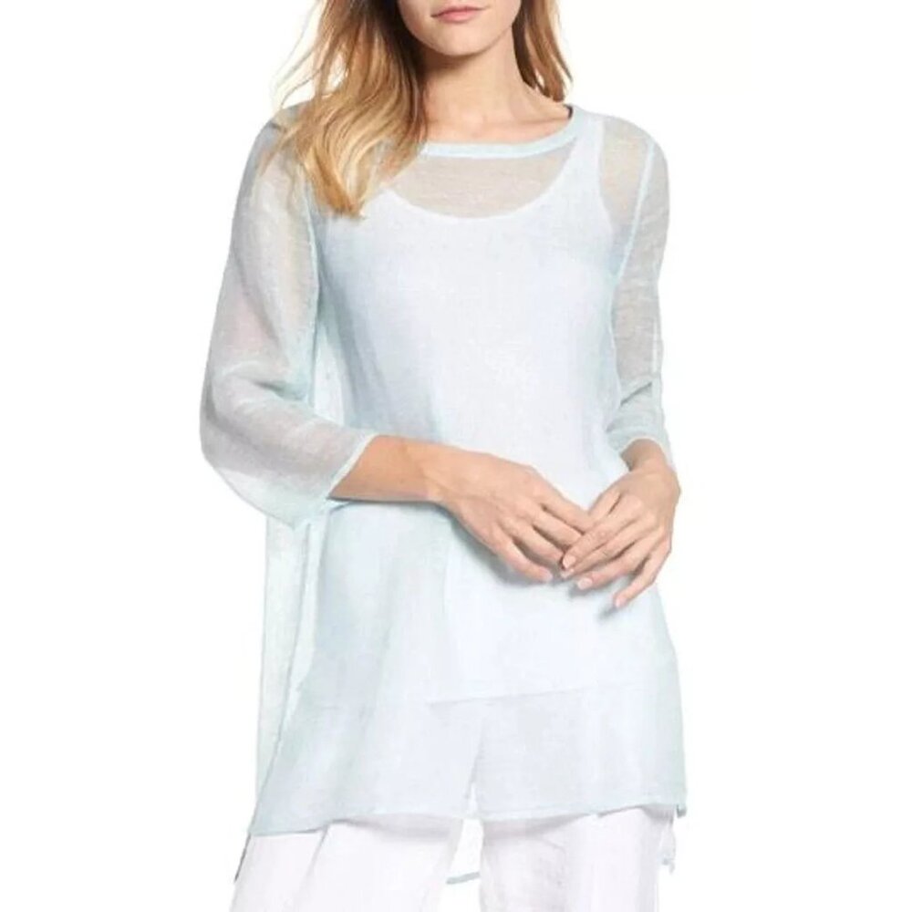 NWT Eileen Fisher pale blue Organic Linen Mesh lagenlook tunic top petite